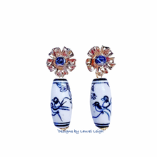 Load image into Gallery viewer, Chinoiserie Petite Fleur Barrel Bead Earrings - Chinoiserie jewelry