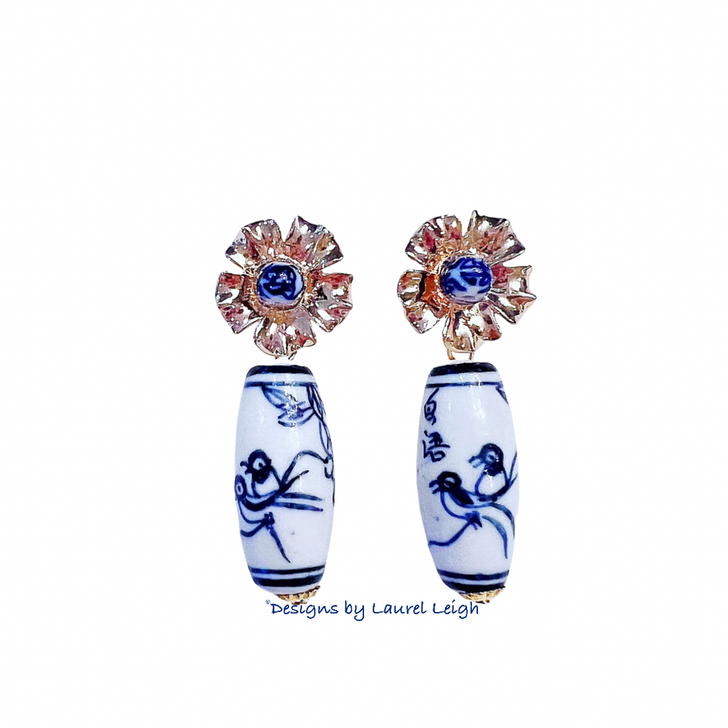 Chinoiserie Petite Fleur Barrel Bead Earrings - Chinoiserie jewelry
