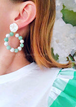 Load image into Gallery viewer, Green Chinoiserie Floral Pearl Hoops - Chinoiserie jewelry