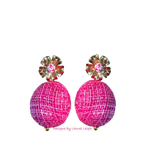 Hot Pink Raffia Floral Drop Earrings - Chinoiserie jewelry