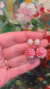 Red Chinoiserie Peony Pearl Earrings - Chinoiserie jewelry