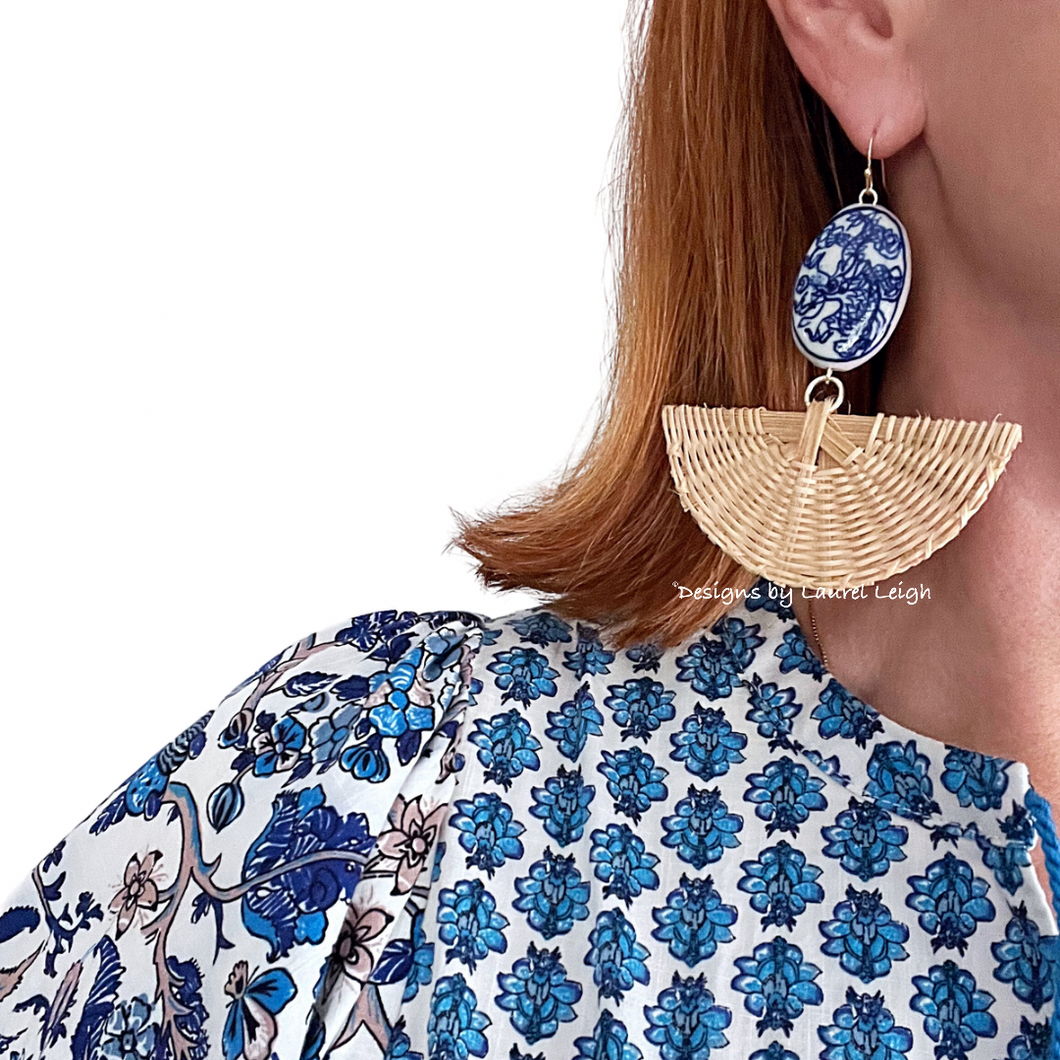 Rattan Chinoiserie Fan Earrings - Chinoiserie jewelry