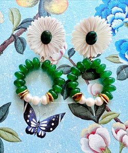 Green Malachite & Jade Chrysanthemum Earrings - Chinoiserie jewelry
