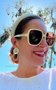 Chinoiserie Rattan Floral Earrings - Tan/White - Chinoiserie jewelry