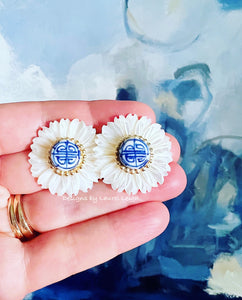 Blue & White Pearl Chrysanthemum Studs - Chinoiserie jewelry
