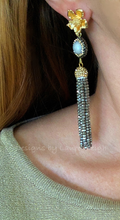 Load image into Gallery viewer, Dressy Floral and Pearl Beaded Tassel Statement Earrings - Gold/Black Or Gold/Silver - Designs by Laurel Leigh