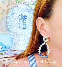Load image into Gallery viewer, Floral Chinoiserie Pearl Oval Hoop Statement Earrings - Ginger jar
