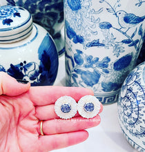 Load image into Gallery viewer, Blue &amp; White Pearl Flower Studs - Chinoiserie jewelry