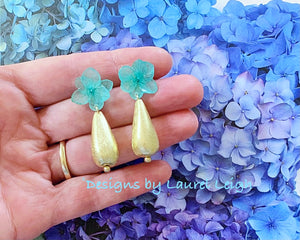 Blue Hydrangea Gold Teardrop Earrings - Chinoiserie jewelry