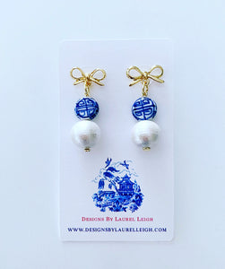 Chinoiserie Coin Bead & Bow / Pearl Drop Earrings - Ginger jar