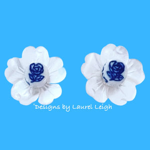 Blue & White Petite Fleur Pearl Studs - Chinoiserie jewelry