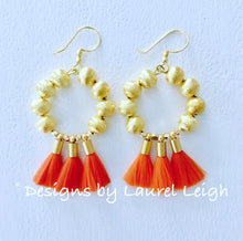Load image into Gallery viewer, Gold Beaded Hoop Tassel Earrings - Red, Orange, Merlot - Designs by Laurel Leigh