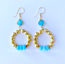 Load image into Gallery viewer, Spa Blue &amp; Gold Beaded Hoops - Ginger jar