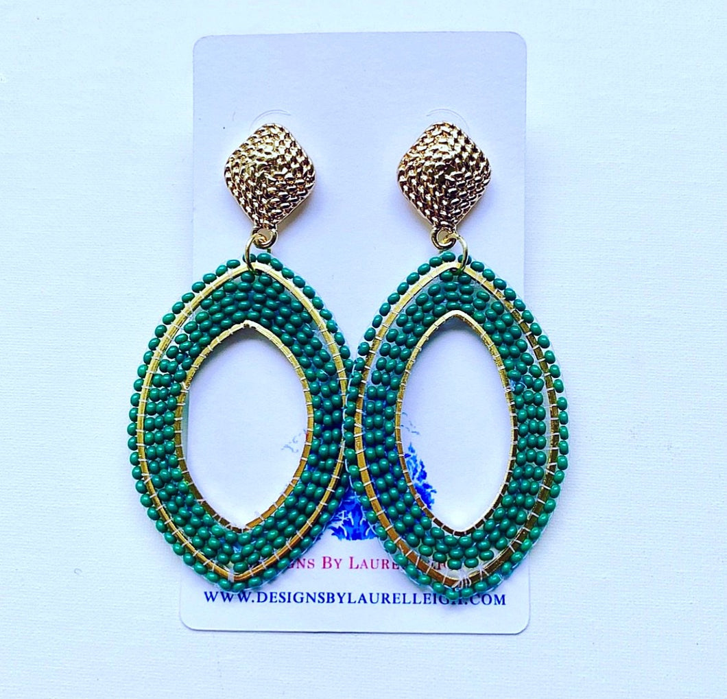 Gold and Green Oval Seed Bead Statement Earrings - Posts - Designs by Laurel Leigh