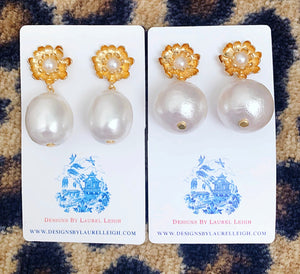 Jumbo Floral Post Cotton Pearl Statement Earrings - 2 Styles - Ginger jar