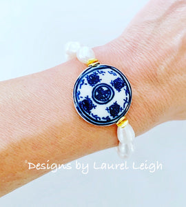 Chinoiserie Coin Bead & Freshwater Pearl Bracelet - White or Peacock Pearls - Ginger jar