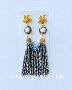 Dressy Floral and Pearl Beaded Tassel Statement Earrings - Gold/Black Or Gold/Silver - Designs by Laurel Leigh