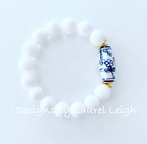 Chunky Blue and White Chinoiserie Bead Statement Bracelet - Ginger jar