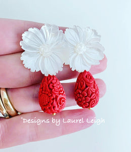 Pearl Flower & Red Cinnabar Earrings - Chinoiserie jewelry