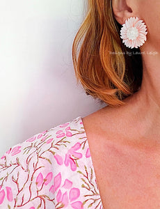Pink & White Pearl Sunflower Flower Earrings - Chinoiserie jewelry
