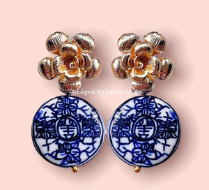 Blue and White Chinoiserie Coin Earrings with Gold Floral Posts - Chinoiserie jewelry