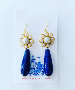 Blue Lapis and Gold Floral Pearl Teardrop Earrings - Ginger jar