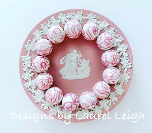 Chinoiserie Peony Pink and White Chunky Floral Statement Bracelet - Ginger jar