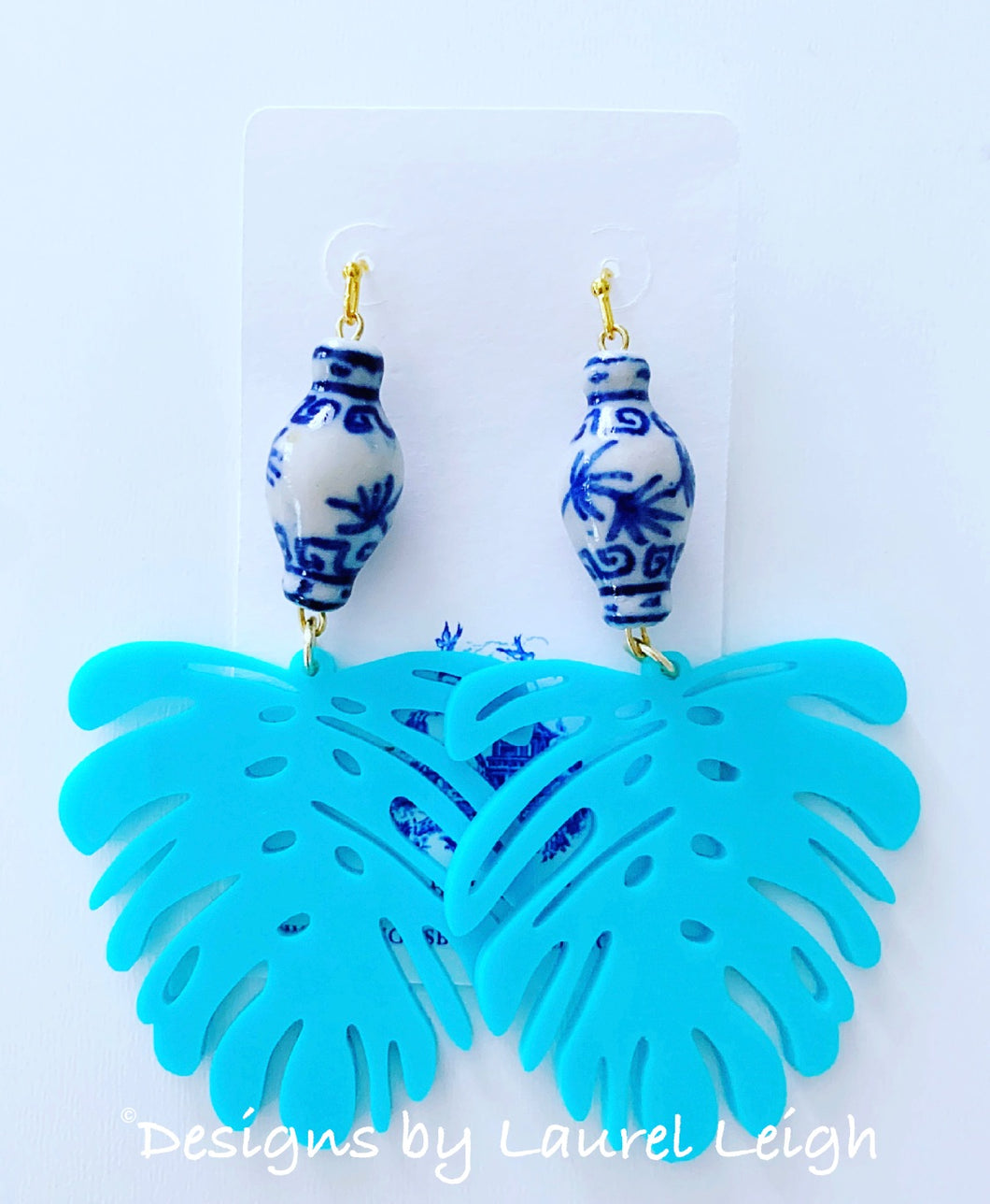 Chinoiserie Ginger Jar Monstera Tropical Palm Leaf Statement Earrings - Turquoise - Ginger jar