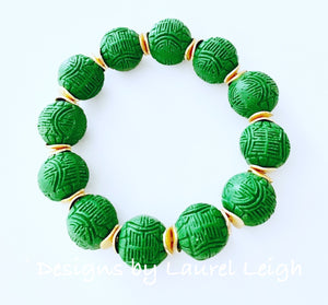 Green & Gold Chinoiserie Cinnabar Beaded Statement Bracelet - Ginger jar