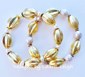 Gold Oval Bead & Pearl Bracelet - Chinoiserie jewelry