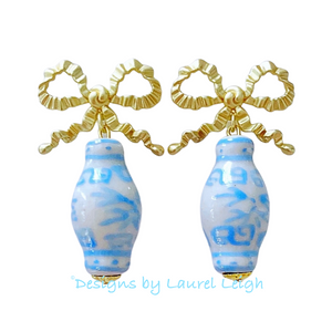 Wedgwood Blue Ginger Jar Ruffled Bow Earrings - Chinoiserie jewelry