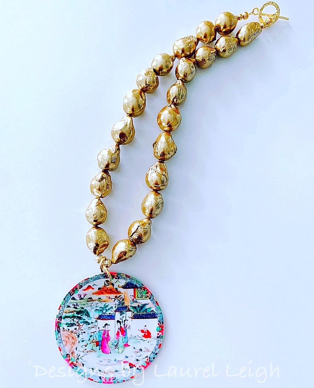 Chinoiserie Chic Pendant Necklace - Gold Baroque Pearls - Ginger jar