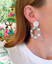 Load image into Gallery viewer, Chinoiserie Longevity Bead and Pearl Hoops - Green &amp; White - Ginger jar