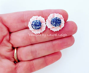 Chinoiserie Floral Pink Pearl Stud Earrings - Chinoiserie jewelry