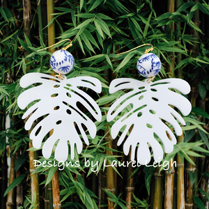 Chinoiserie Tropical Monstera Palm Leaf Statement Earrings - White - Ginger jar