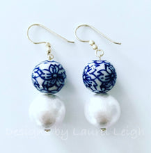 Load image into Gallery viewer, Chinoiserie Blue &amp; White Floral Bead &amp; Large Pearl Earrings - Ginger jar