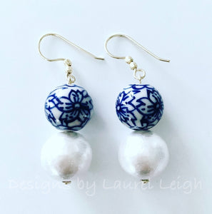 Chinoiserie Blue & White Floral Bead & Large Pearl Earrings - Ginger jar