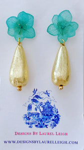Blue Hydrangea Gold Teardrop Earrings - Chinoiserie jewelry