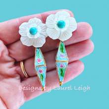 Load image into Gallery viewer, Cloisonné Floral Drop Earrings - Turquoise &amp; Aqua - Chinoiserie jewelry