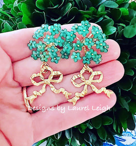Green Hydrangea Bow Drop Earrings - Chinoiserie jewelry