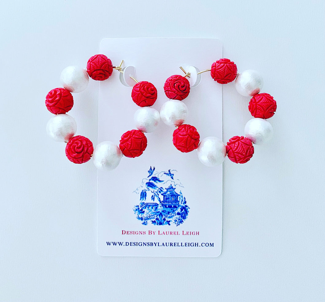 Red Cinnabar & Pearl Hoop Earrings - Chinoiserie jewelry