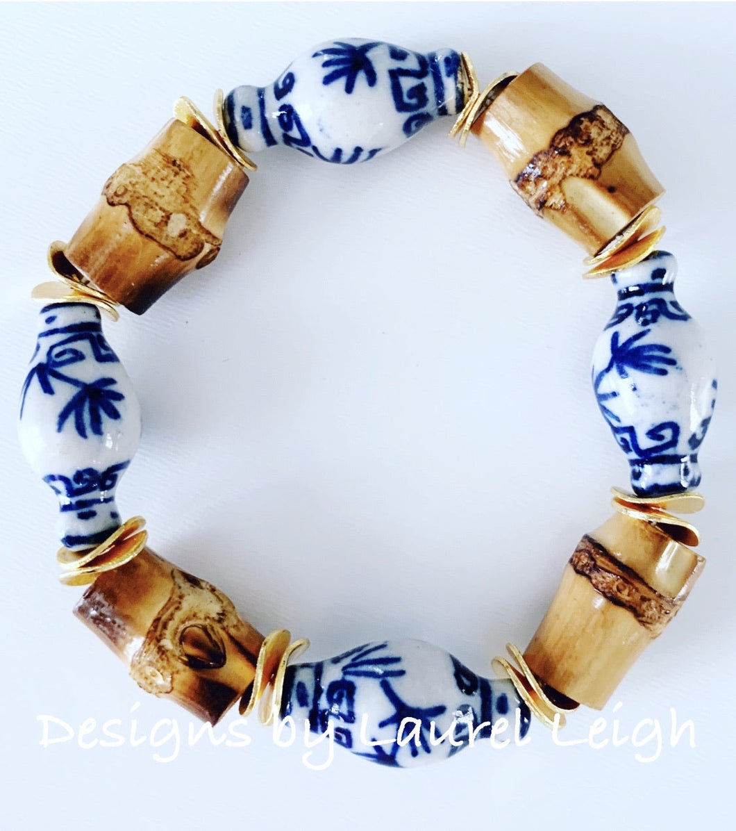 Blue and White Chinoiserie Bamboo Ginger Jar Statement Bracelet - Designs by Laurel Leigh