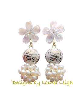 Gold and White Chinoiserie Floral Pearl Earrings - Ginger jar