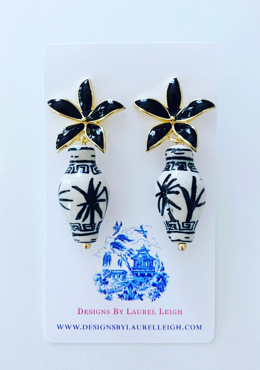 Black Floral Chinoiserie Ginger Jar Earrings - Chinoiserie jewelry