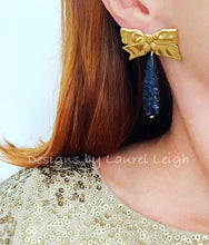 Load image into Gallery viewer, Black and Gold Bow Chinoiserie Cinnabar Teardrop Earrings - Ginger jar