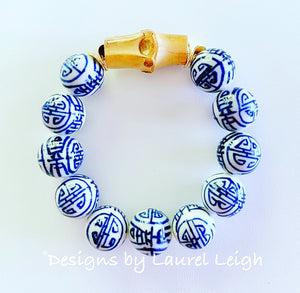 Chunky Blue and White Chinoiserie Bamboo Statement Bracelet - Ginger jar
