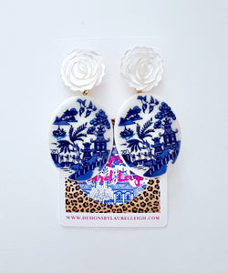 Blue Willow Pearl Rose Earrings - Chinoiserie jewelry