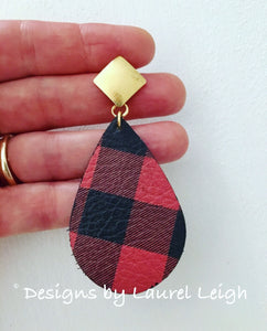 Buffalo Check Plaid Leather Statement Earrings - Red & Black or Black & White - Designs by Laurel Leigh