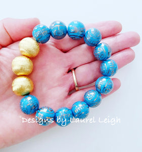Gold and Hydrangea Blue Chinoiserie Statement Bracelet - Ginger jar
