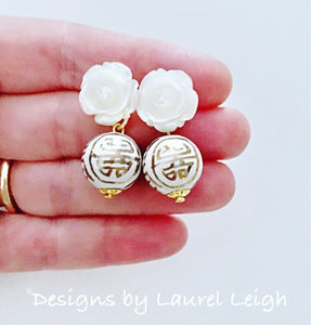 Gold and White Chinoiserie Pearl Flower Earrings - 2 Styles - Ginger jar